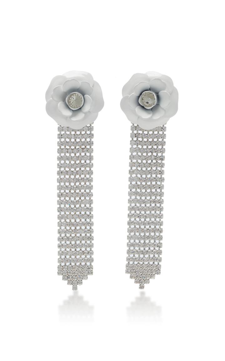 Alessandra Rich White Rose Earrings With Long Crystal Arrow