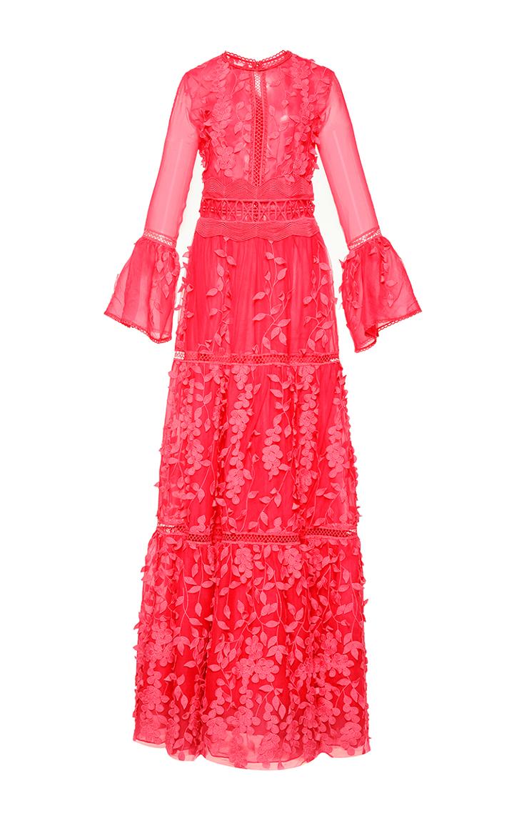 Costarellos Floral Applique Long A-line Dress
