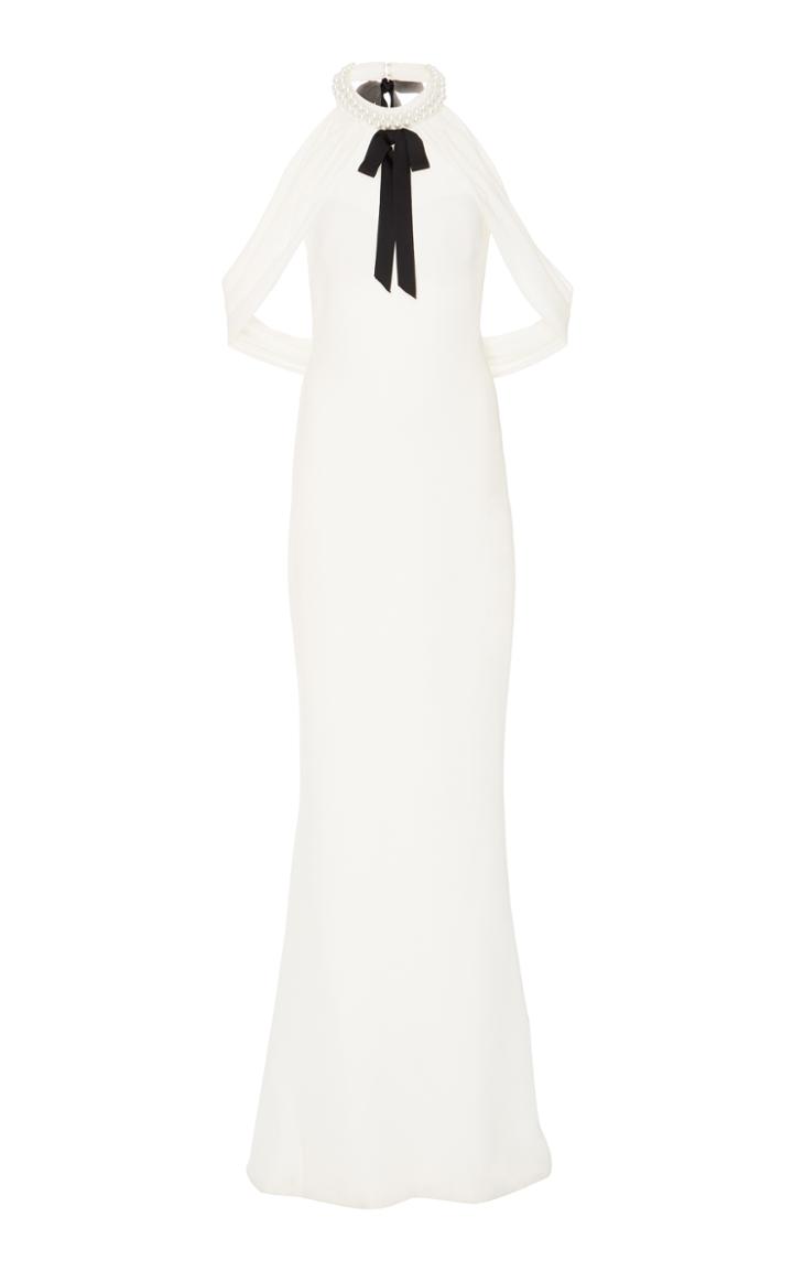 Reem Acra Pearl Embellished Cold Shoulder Gown