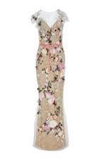 Marchesa Feather-trimmed Floral Applique Organza Dress
