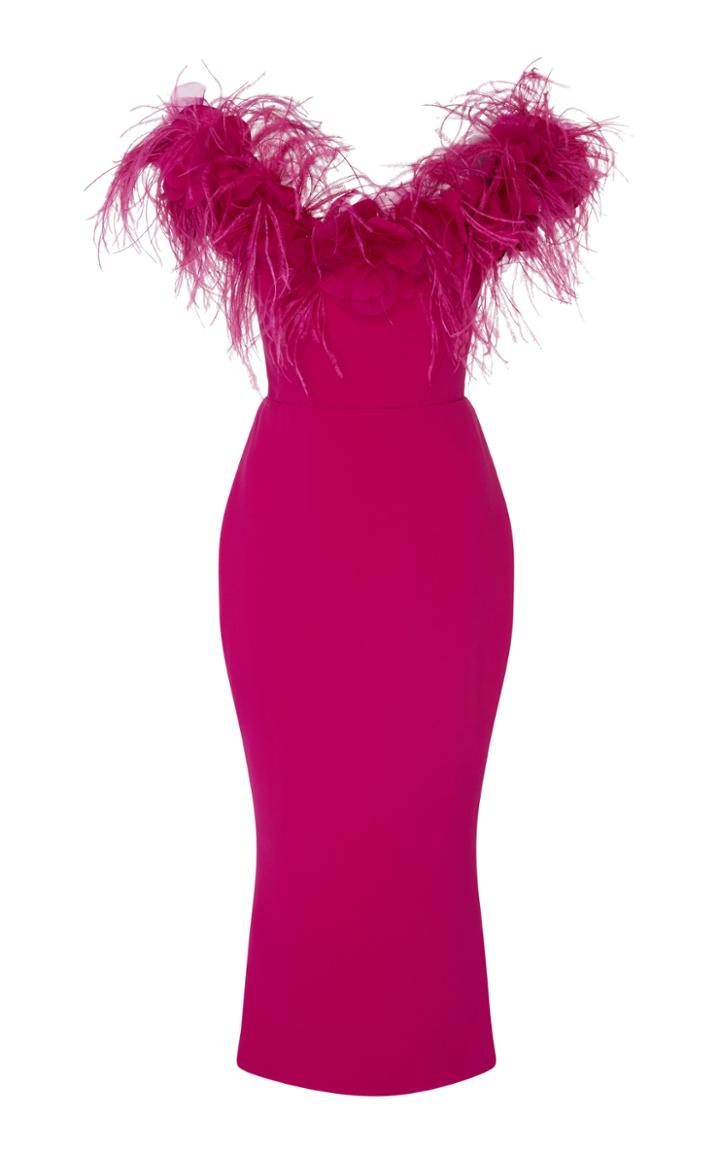 Marchesa Off The Shoulder Feather Midi Dress