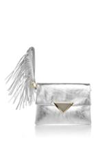 Sara Battaglia Silver Calf Leather Teresa Clutch With Fringed Handle