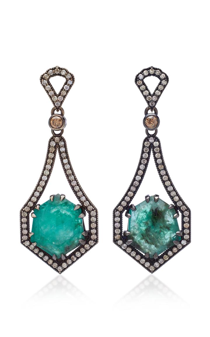 Sara Weinstock 18k Oxidized Gold Emerald And Diamond Earrings
