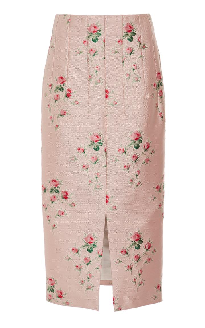 Brock Collection Pectolite Floral-embroidered Duchess Satin Pencil Skirt