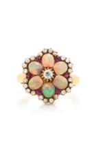 Fred Leighton Victorian Opal Ruby And Diamond Cluster Converted Ring