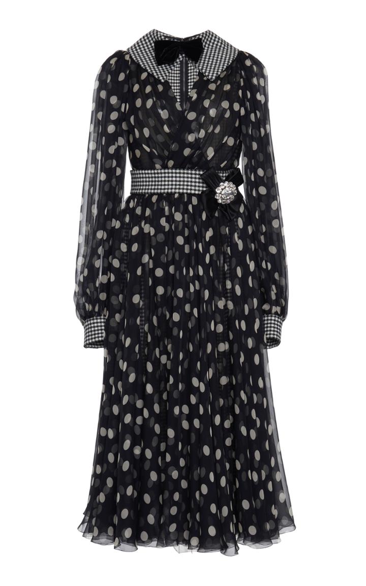 Dolce & Gabbana Chiffon Polka Dot Checked Tweed Panel Bow Tie Dress