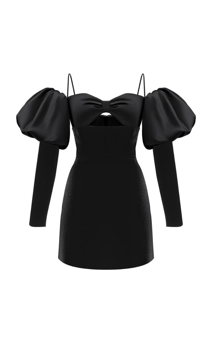 Rasario Cold Shoulder Puff Sleeve Satin And Velvet Mini Dress