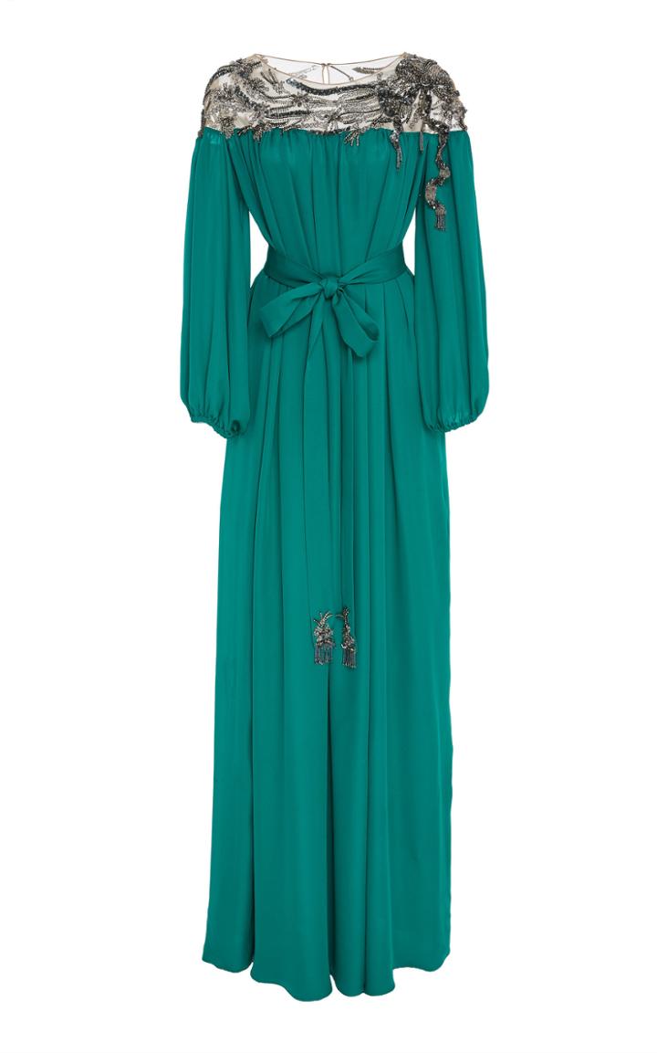 Marchesa Embellished Silk Long Sleeve Dress