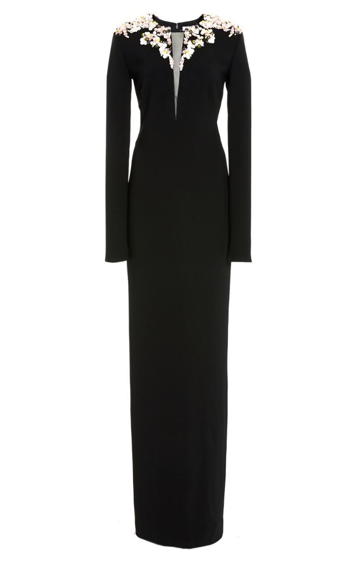 Pamella Roland Stretch Crepe Embroidered Gown