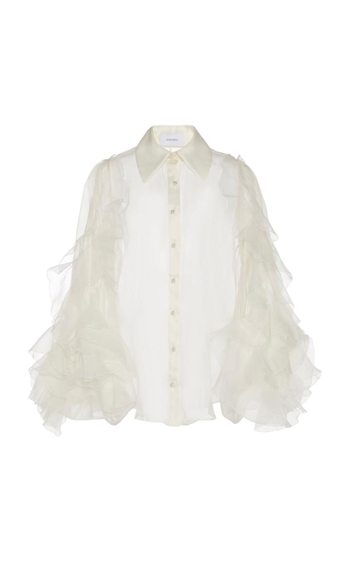 Marchesa Floral-embroidered Ruffled Silk-organza Blouse