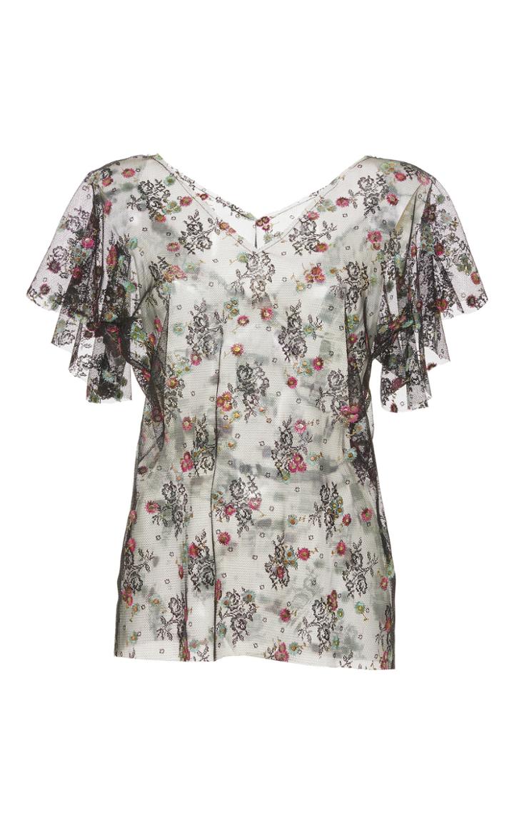 Luisa Beccaria Short Sleeve Sheer Embroidered Blouse