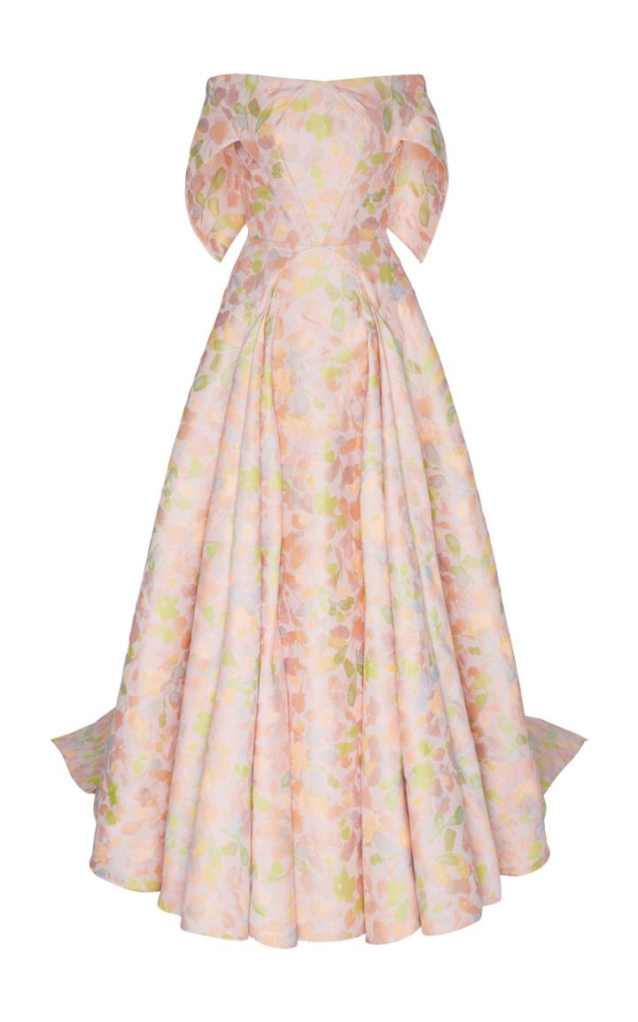 Zac Posen Floral Jacquard Off-the-shoulder Gown With Train