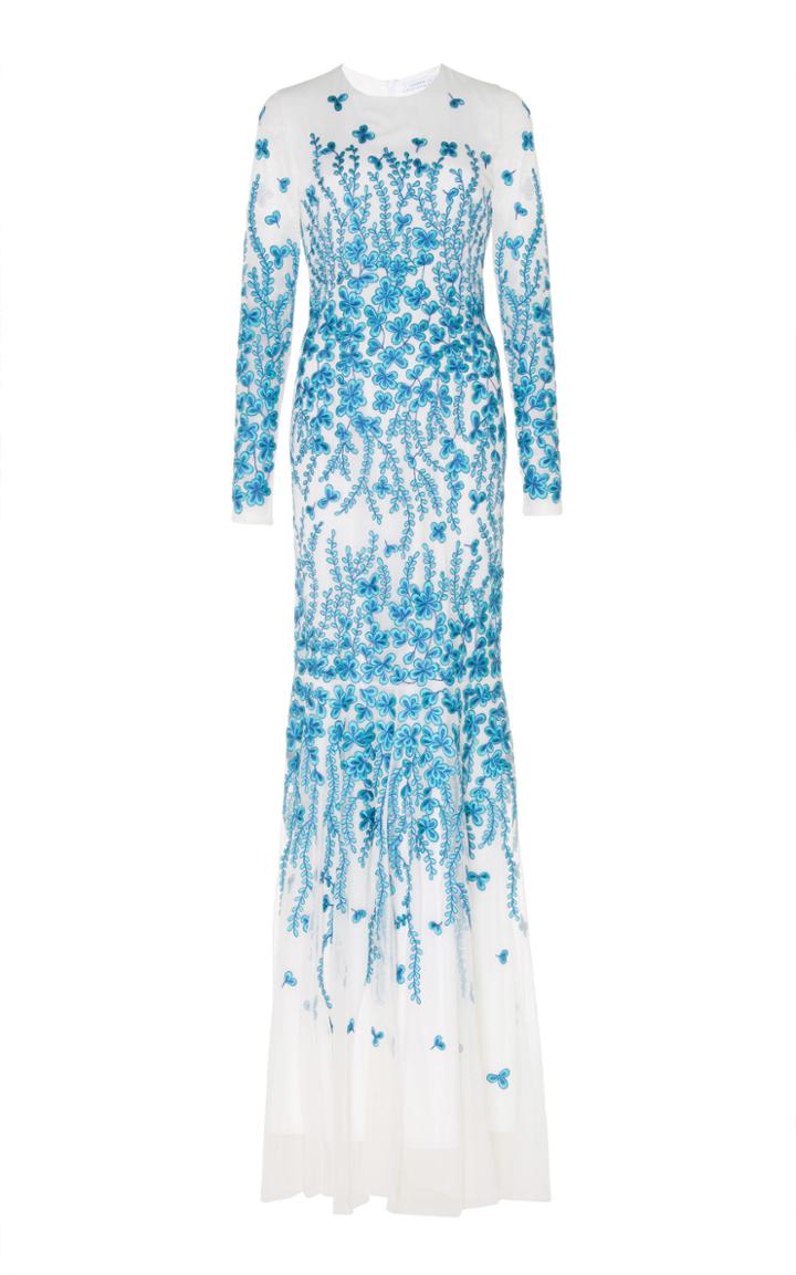 Andrew Gn Floral Embroidered Long Sleeve Gown