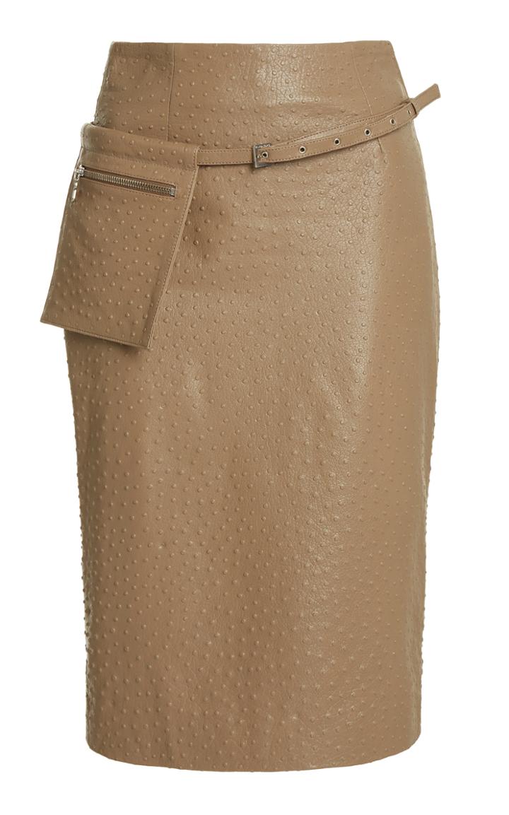 Moda Operandi Saks Potts Billy Belted Ostrich-effect Leather Midi Skirt