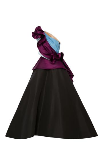 Elizabeth Kennedy Ball Gown With Color Blocked Asymmetrical Sleeve And Peplum