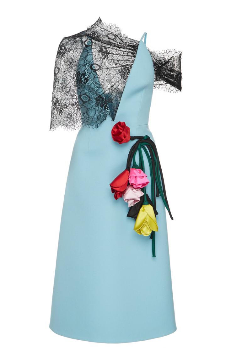 Prada Deep V-neck Lace Floral Appliqu Midi Dress
