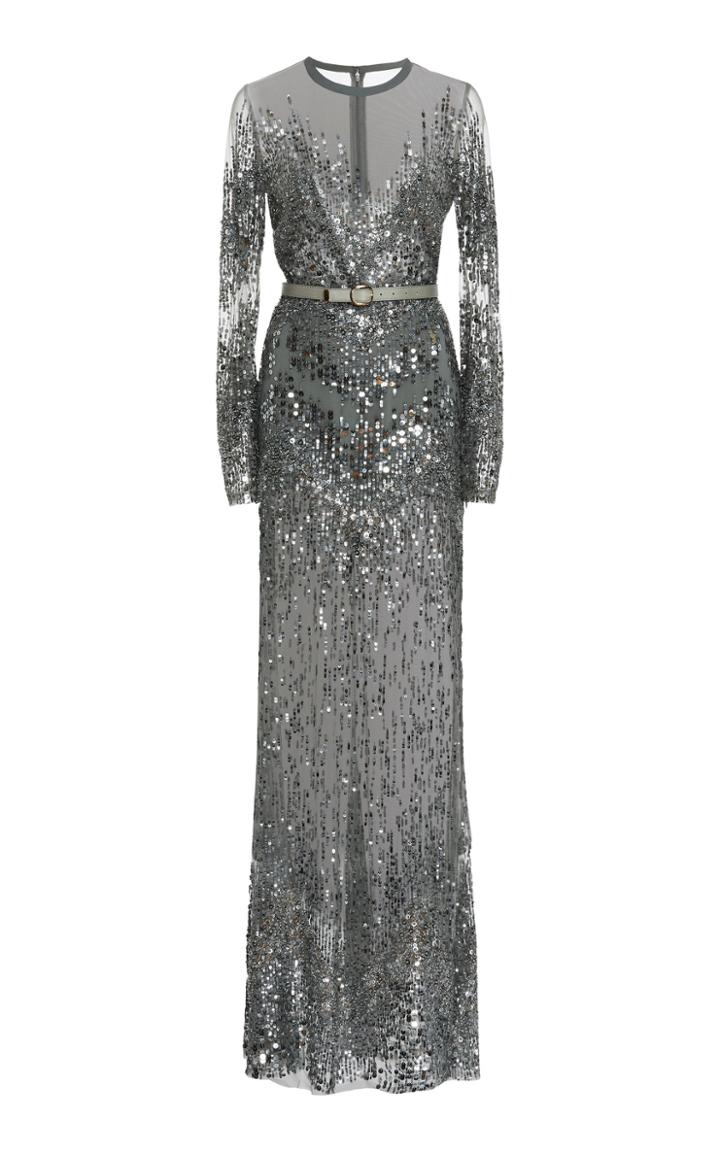 Elie Saab Sequin Embroidered Tulle Long Sleeve Gown