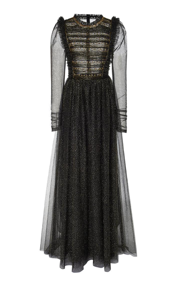 Monique Lhuillier Long Sleeve Tulle Gown With Ruffle Bib Bodice
