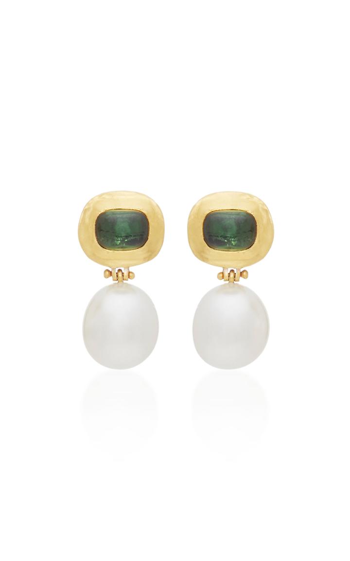 Prounis One-of-a-kind Green Tourmaline And South Sea Pearl Hinge Earrings