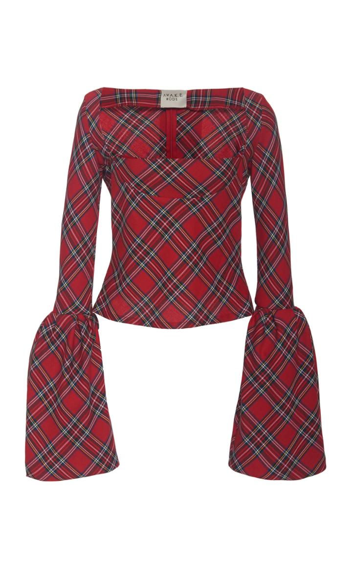 A.w.a.k.e. Mode Artemon Tartan Bell-sleeve Crepe Top