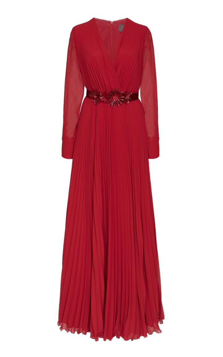 Max Mara Genarca Belted Pliss Georgette Sabl Maxi Dress