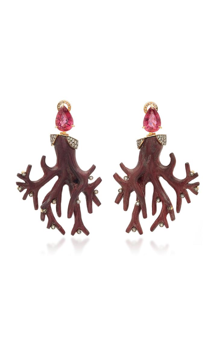 Silvia Furmanovich Sculptural Botanical Carved Wood And Tourmaline Coral Earrings