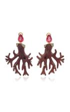 Silvia Furmanovich Sculptural Botanical Carved Wood And Tourmaline Coral Earrings