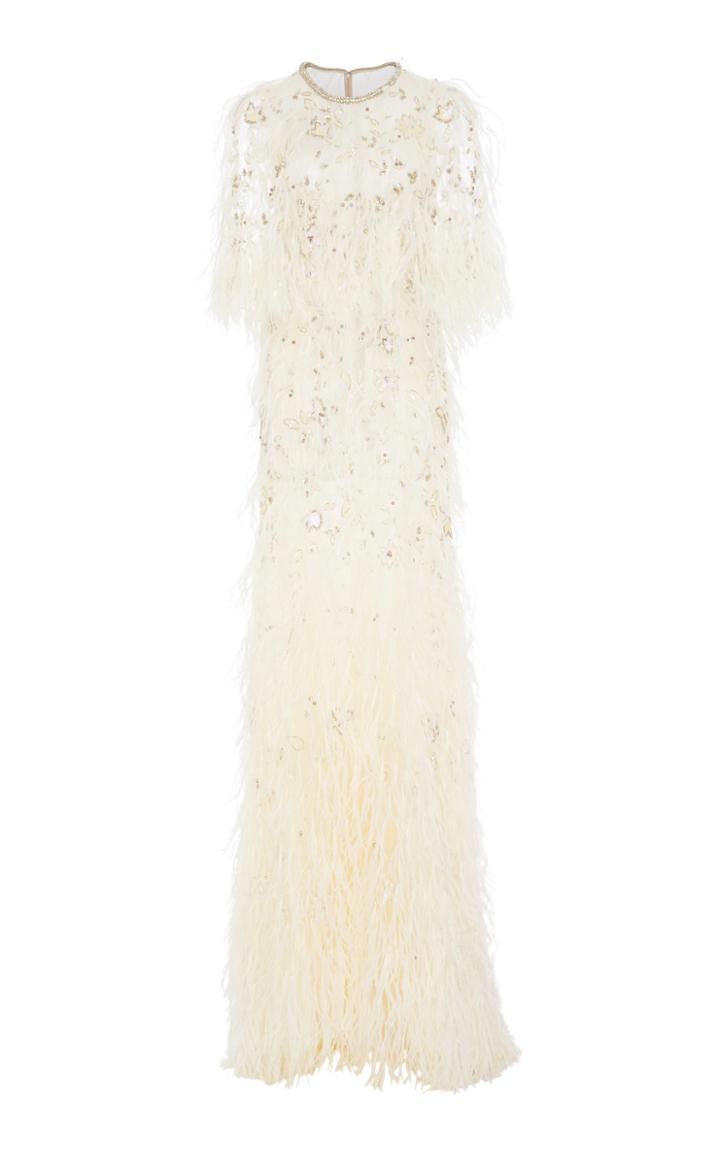 Monique Lhuillier Feather Embroidered Cape Gown