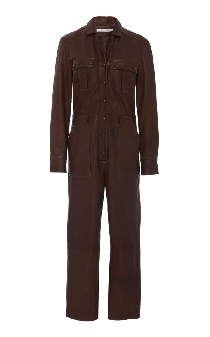 Veronica Beard Artemis Collared Button-front Leather Jumpsuit