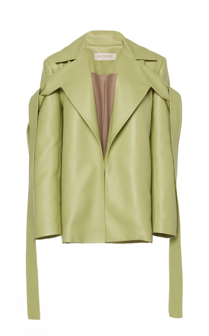 Matriel Faux Leather Blazer With Large Lapels And Shoulder Ties
