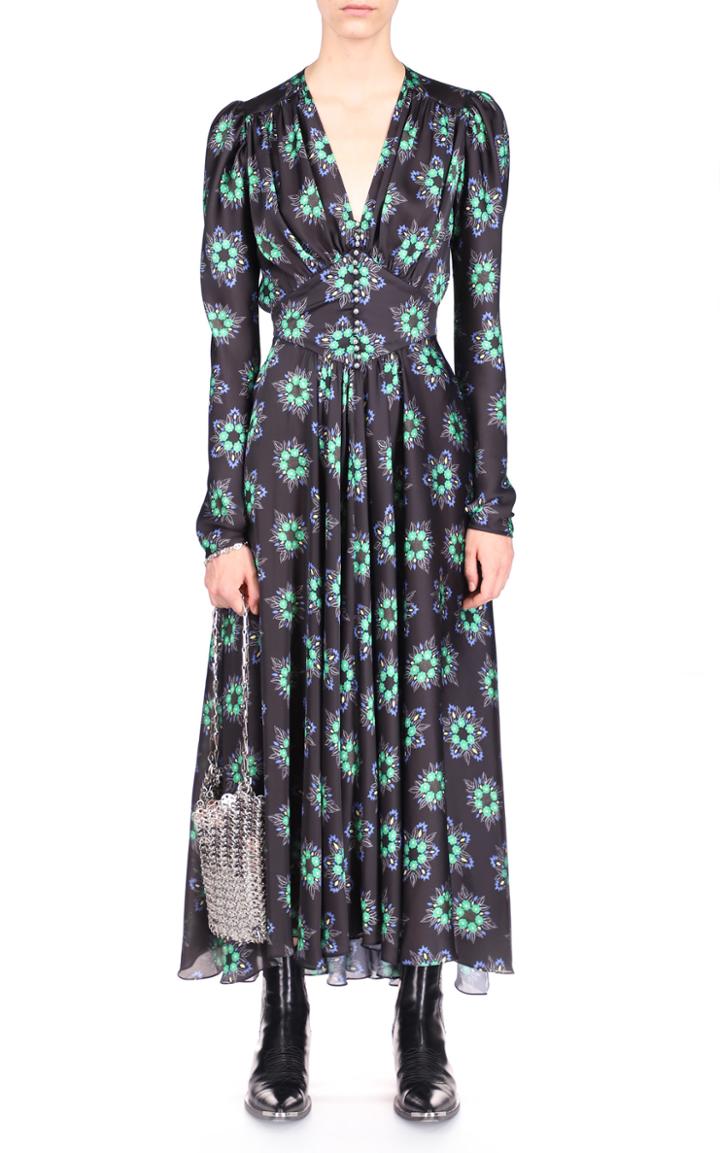 Moda Operandi Paco Rabanne Gathered Floral Satin Midi Dress