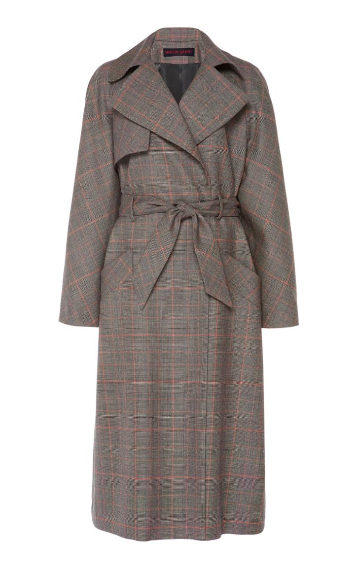 Martin Grant Wool Check Print Double Breasted Trench Coat