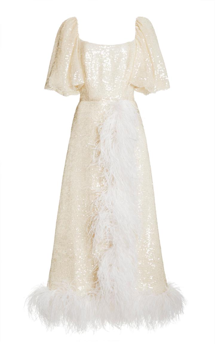 Moda Operandi Markarian Ostrich Feather-embellished Sequin Puff Sleeve Wrap Dress