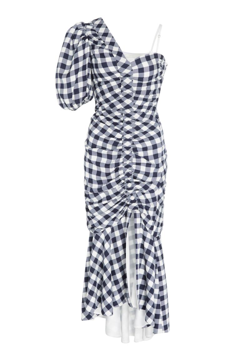 Jonathan Simkhai One-shoulder Ruched Gingham Twill Midi Dress