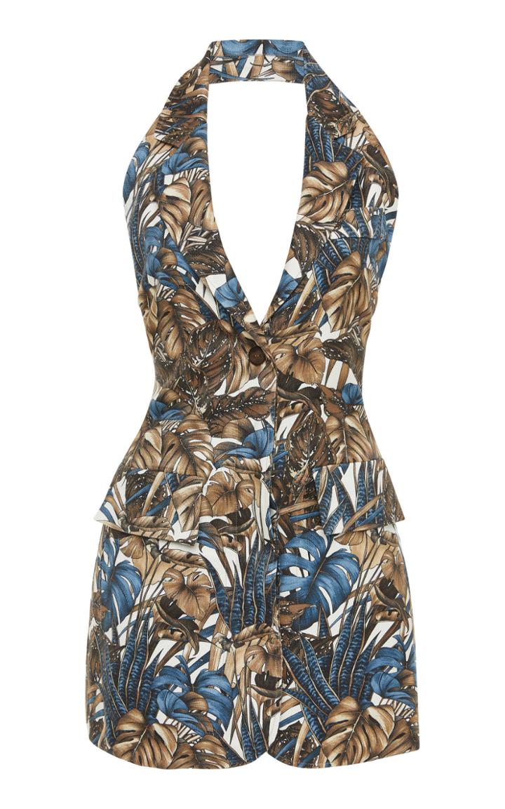 Salvatore Ferragamo Camouflage Print Cotton Silk Halter Neck Jacket With Cinch Back