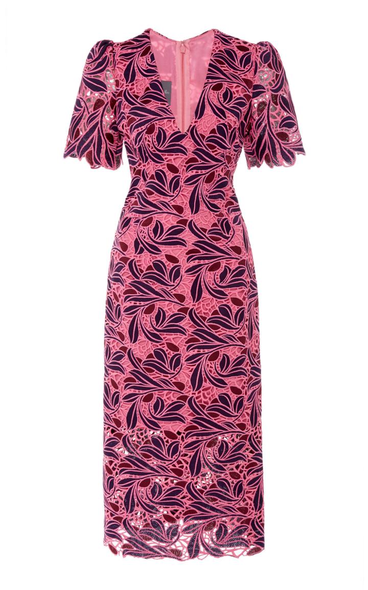 Monique Lhuillier V-neck Crochet Lace Dress With Ruched Sleeve