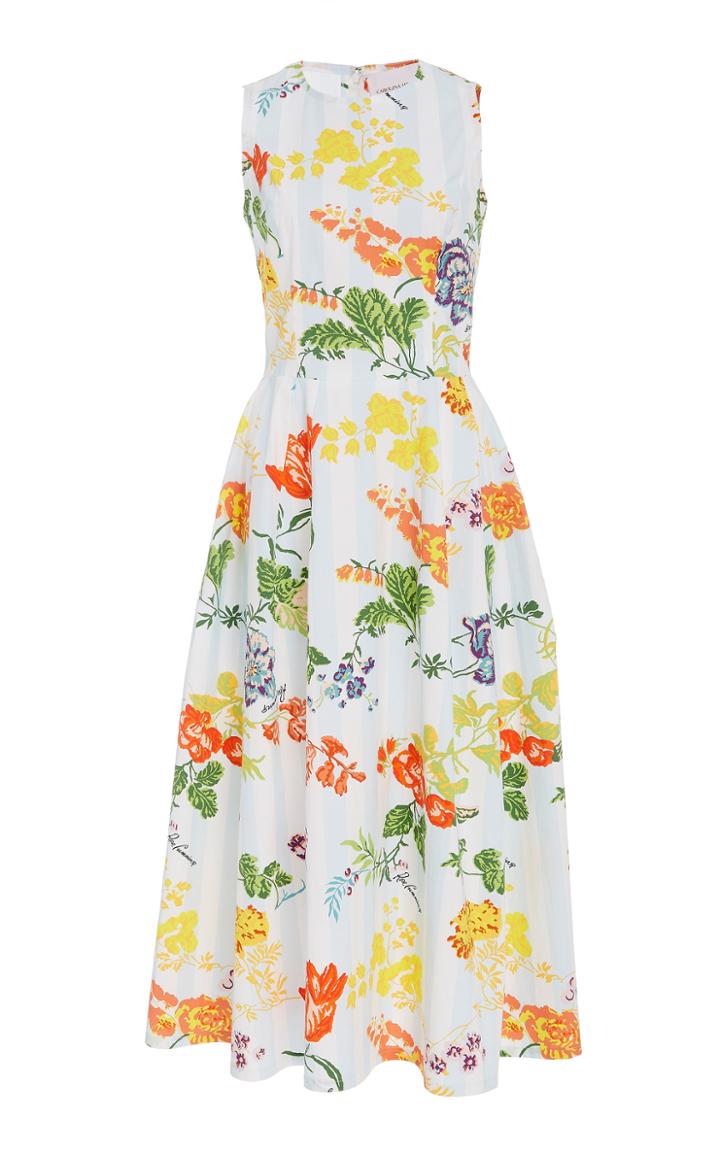 Carolina Herrera Bloom Floral Stripe Cotton Sleeveless A Line Dress