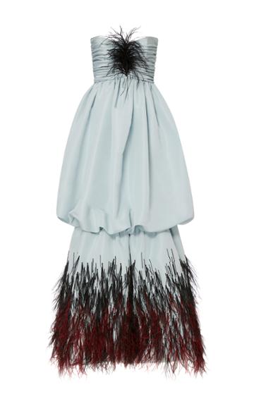 Elizabeth Kennedy Strapless Gown With Bubble Skirt And Feather Embroidery