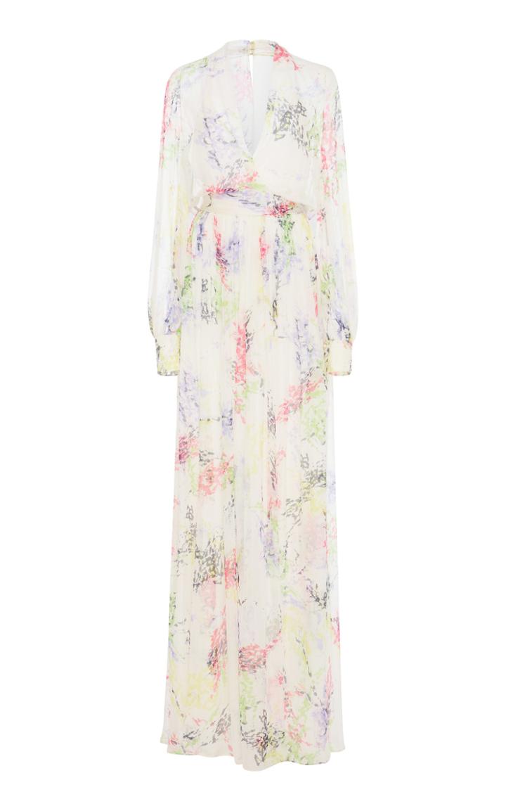 Monique Lhuillier Floral Splash Printed V-neck Gown