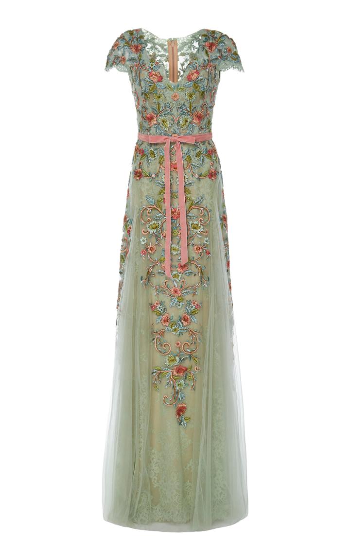 Marchesa Deep V Corded Lace Gown