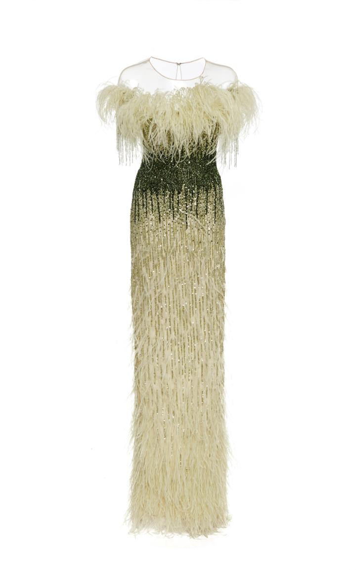 Pamella Roland Ostrich Feather Embellished Sequin Gown
