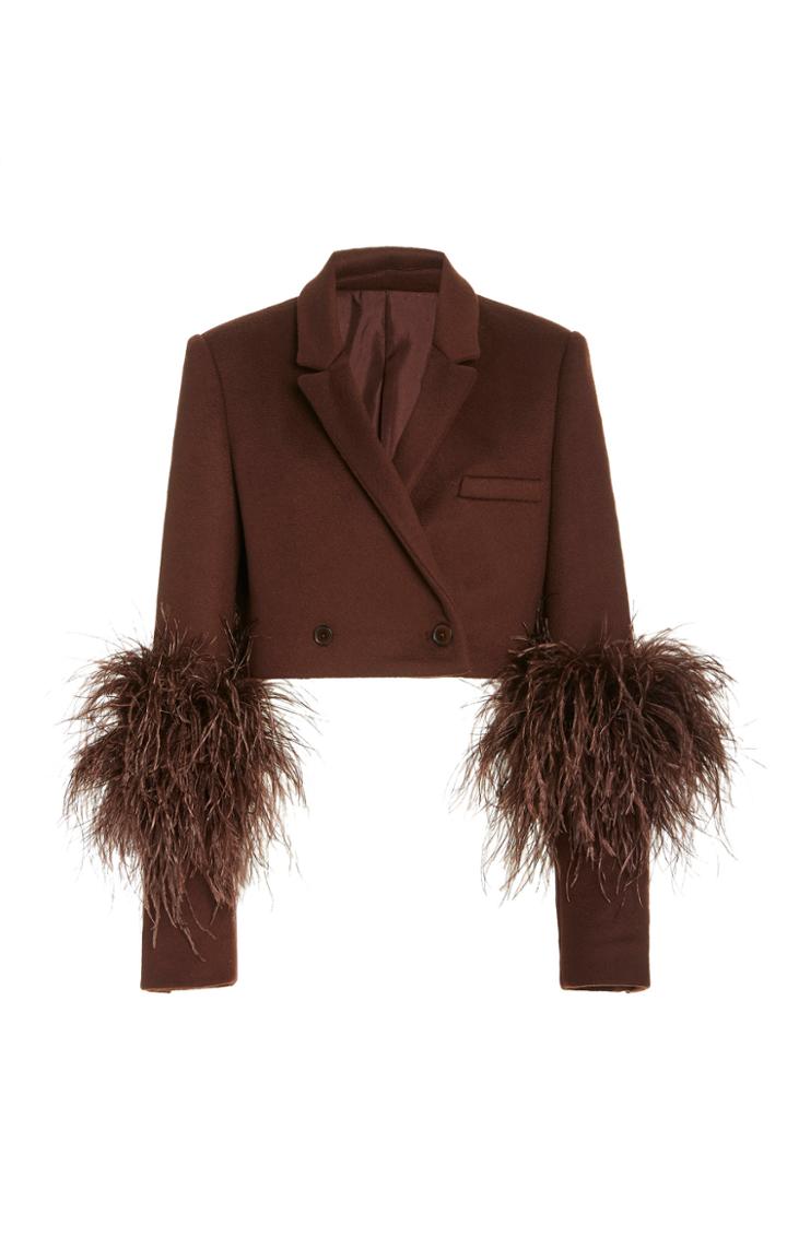 Moda Operandi Sally Lapointe Feather-accented Textured Wool Cropped Blazer