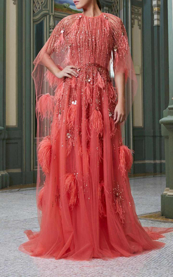 Moda Operandi Pamella Roland Sequin And Ostrich Feather Caped Gown