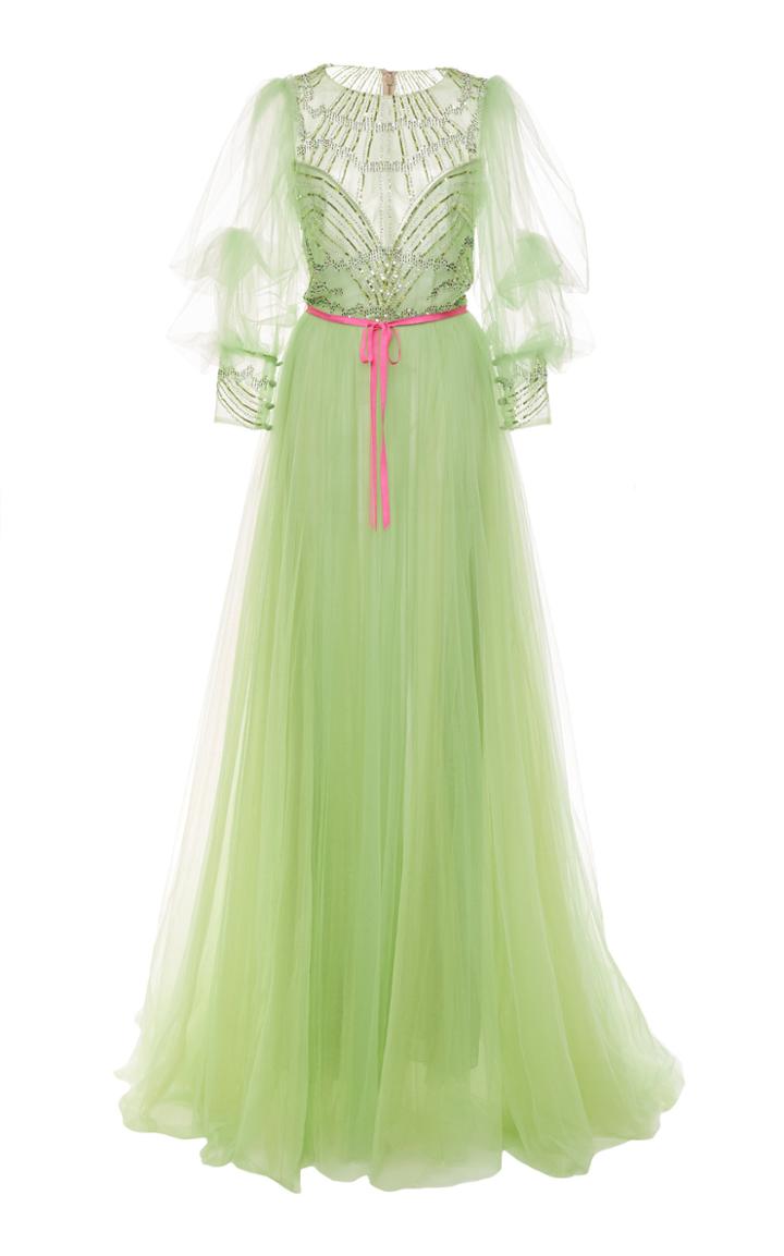 Monique Lhuillier Puff Sleeve Embroidered A-line Gown
