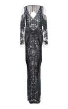 Pamella Roland Embroidered Metallic Fringe Gown