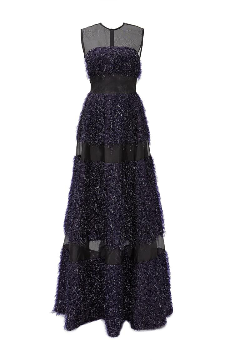 Lela Rose Chevron Fringe Illusion Gown