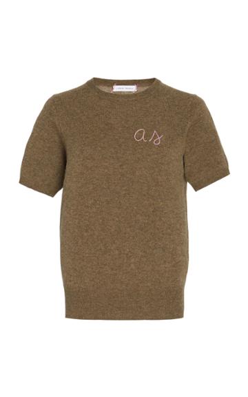 Moda Operandi Lingua Franca Monogrammed Short-sleeve Cashmere Crew Sweater With Lave