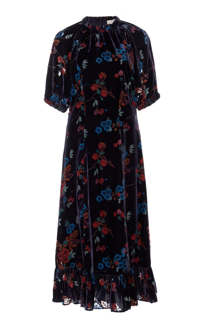 Sea Floral-print Velvet Midi Dress