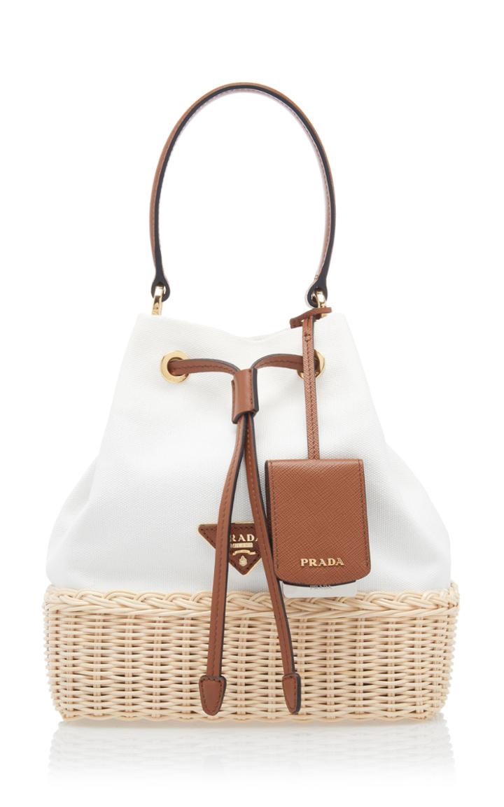 Prada Small Raffia-accented Canvas Bucket Bag
