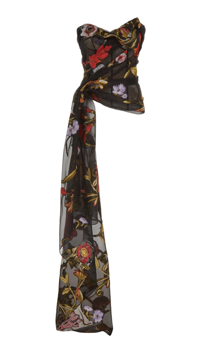 Oscar De La Renta Floral-print Strapless Cady Blouse